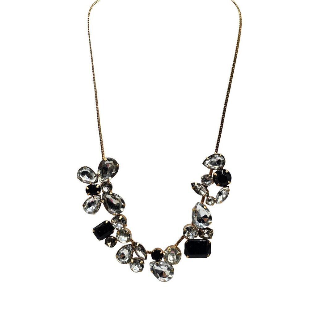 Crystal Black Acrylic Stone Floral Statement Necklace Gold-Tone Chain Adjustable
